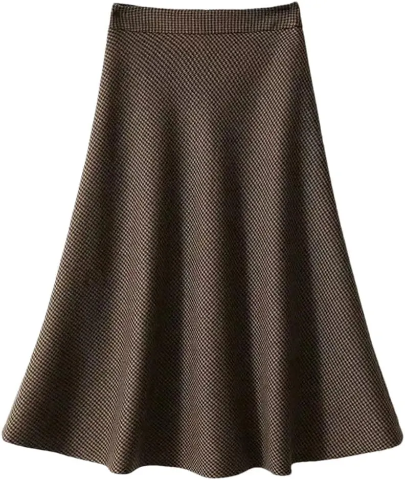 Women Plaid Wool Midi Long Skirt Vintage High Waist A-Line Office Lady Casual Skirts