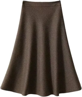 Women Plaid Wool Midi Long Skirt Vintage High Waist A-Line Office Lady Casual Skirts