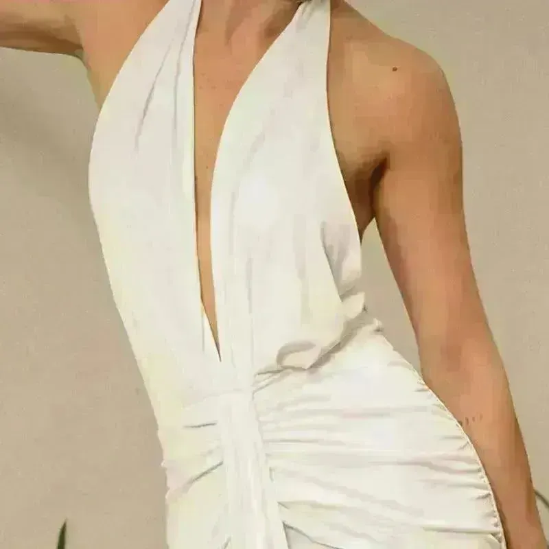 Women Summer Backless  Sleeveless Hanging Neck Pleated White Dress