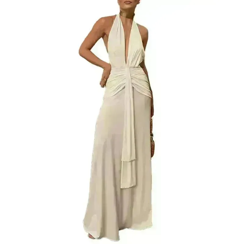 Women Summer Backless  Sleeveless Hanging Neck Pleated White Dress