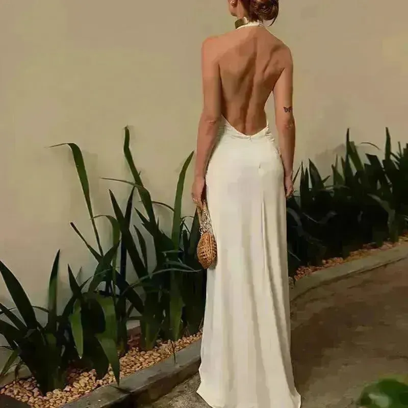 Women Summer Backless  Sleeveless Hanging Neck Pleated White Dress