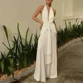 Women Summer Backless  Sleeveless Hanging Neck Pleated White Dress