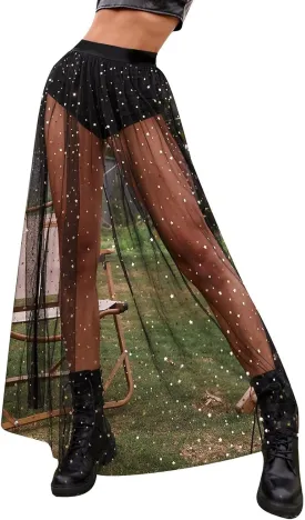 Womens 2 in 1 Sheer Mesh High Waist Galaxy Print A Line Maxi Skirt Rave Outfits Festival Clubwear Party Clothing