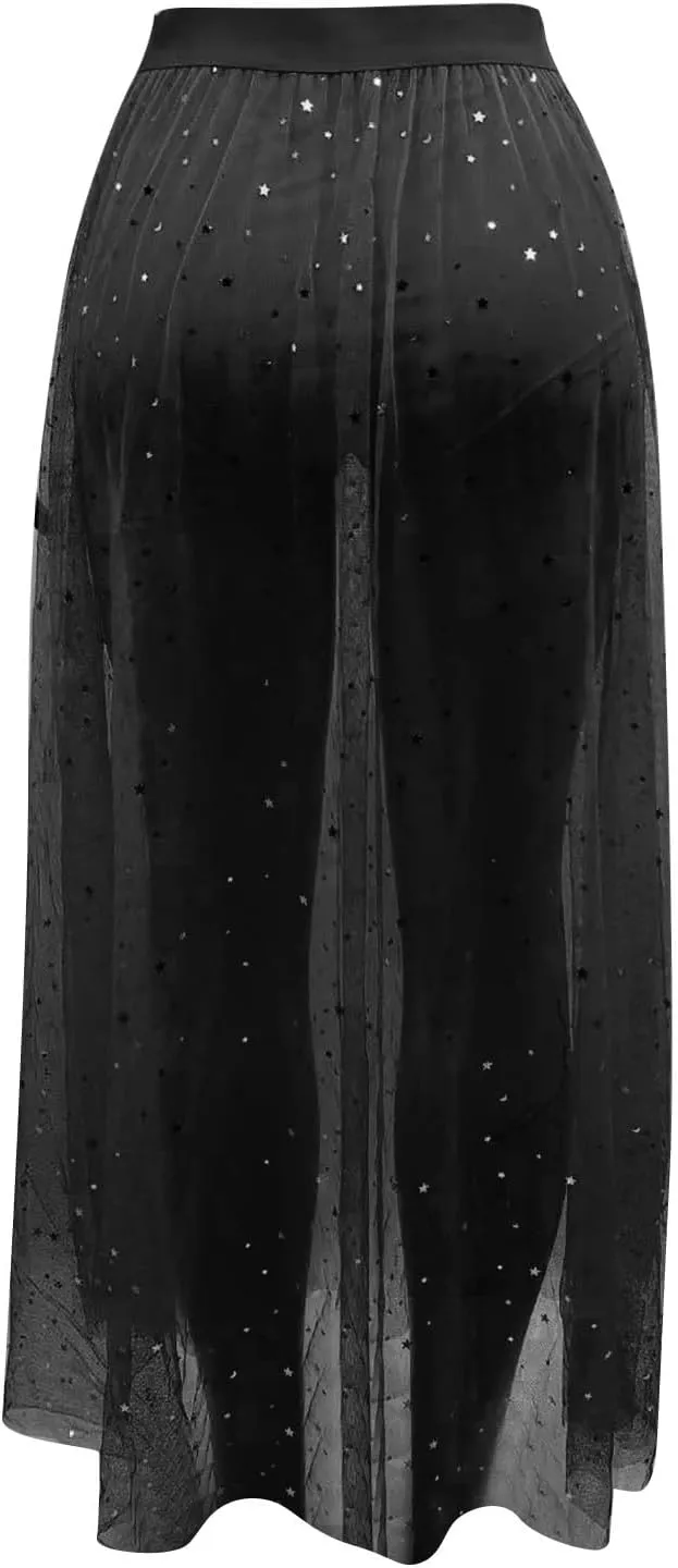 Womens 2 in 1 Sheer Mesh High Waist Galaxy Print A Line Maxi Skirt Rave Outfits Festival Clubwear Party Clothing