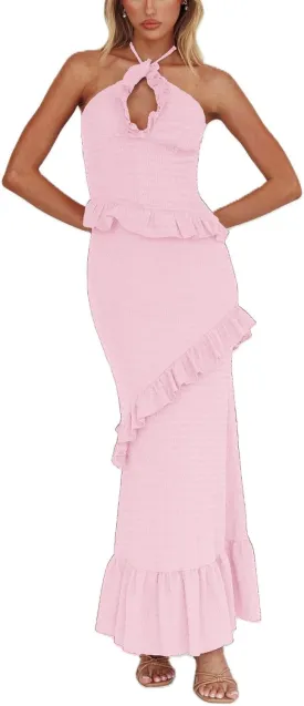 Womens 2 Piece Maxi Skirt Set Y2k Halter Ruched Cami Top Tiered Flowy Ruffle Skirt 2025 Summer Beach Outfits