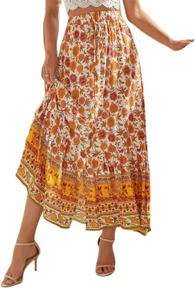 Womens Boho Maxi Skirts Summer Fashion Button Elastic High Waisted Skirt Casual Flowy Ruffle Hem A Line Beach Skirts
