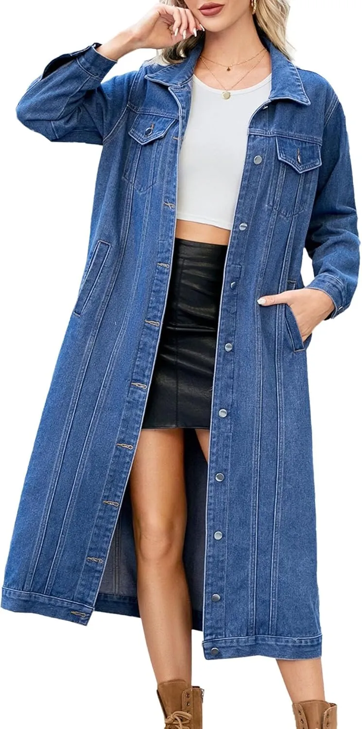 Women's Button Down Ripped Denim Jacket Distressed Hole Over Knee Midi Trench Coat Destroyed Long Jean Jacket