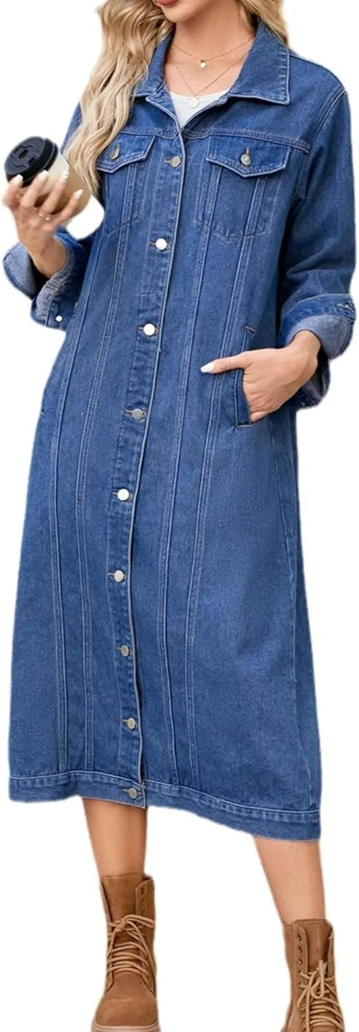 Women's Button Down Ripped Denim Jacket Distressed Hole Over Knee Midi Trench Coat Destroyed Long Jean Jacket
