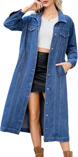 Women's Button Down Ripped Denim Jacket Distressed Hole Over Knee Midi Trench Coat Destroyed Long Jean Jacket