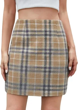 Women's Casual Plaid Skirt Zipper Side High Waisted Bodycon Mini Skirt