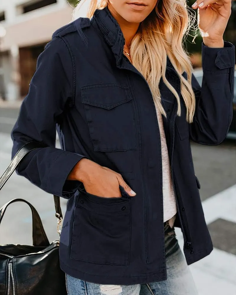 Womens Military Anorak Jacket 2024 Fall Zip Up Snap Button Parka Safari Utility Coat Outwear with Pockets