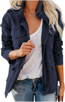 Womens Military Anorak Jacket 2024 Fall Zip Up Snap Button Parka Safari Utility Coat Outwear with Pockets