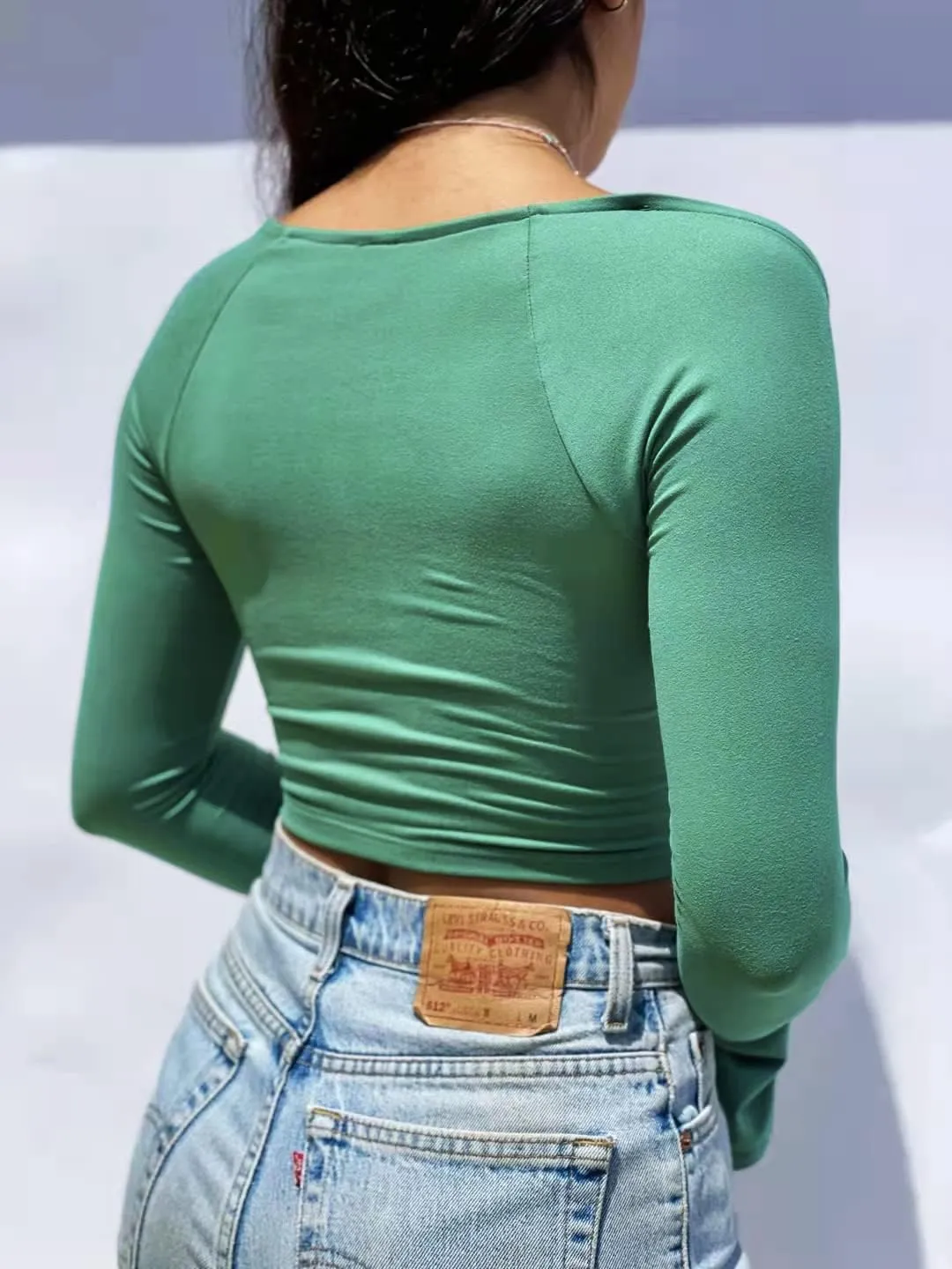 Women's Sexy Halter Criss Cross Tie Up Crop Top Basic Long Sleeve Cut Out T Shirt