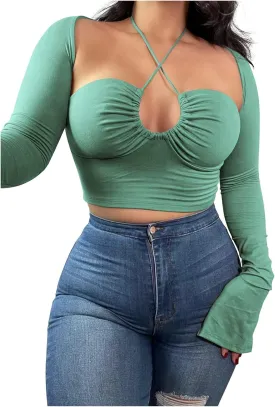 Women's Sexy Halter Criss Cross Tie Up Crop Top Basic Long Sleeve Cut Out T Shirt