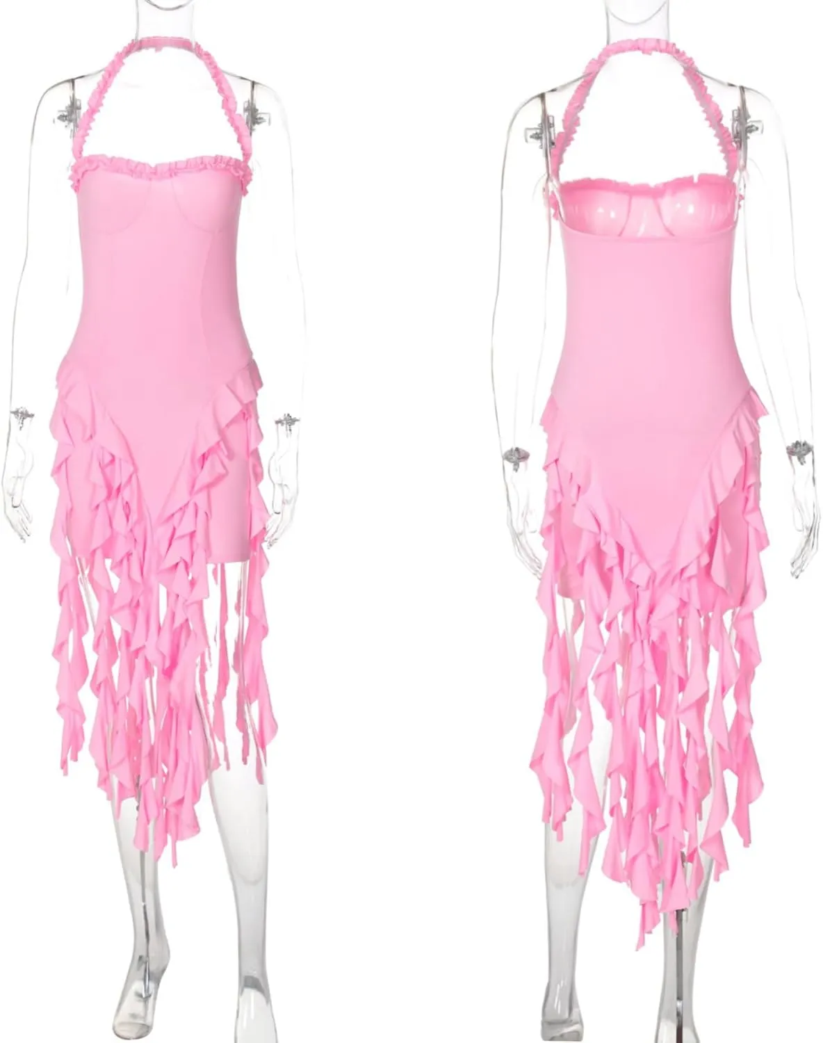 Womens Sexy Halter Fringe Ruffle Hem Mini Dress Backless Bodycon Short Dress Frills Tassel Party Club Dress