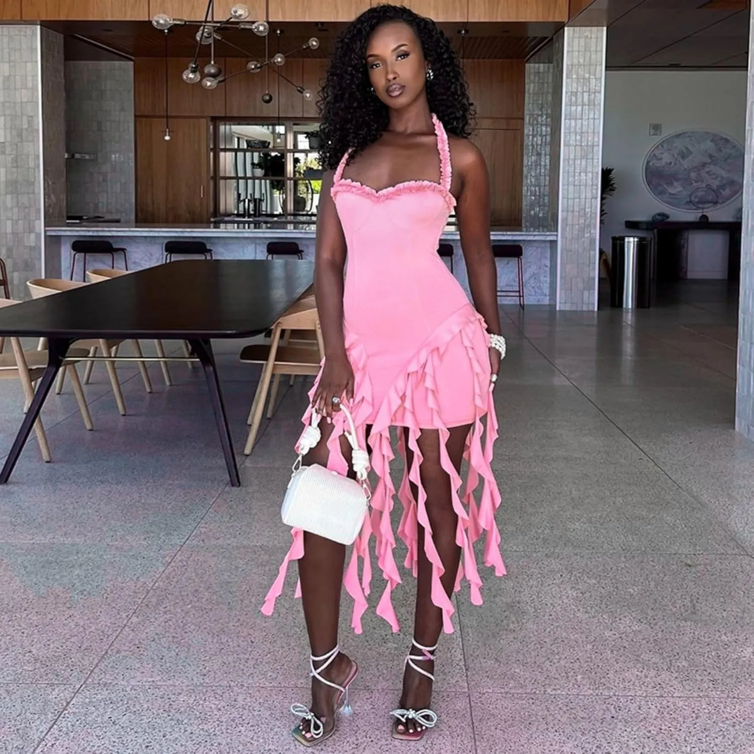 Womens Sexy Halter Fringe Ruffle Hem Mini Dress Backless Bodycon Short Dress Frills Tassel Party Club Dress