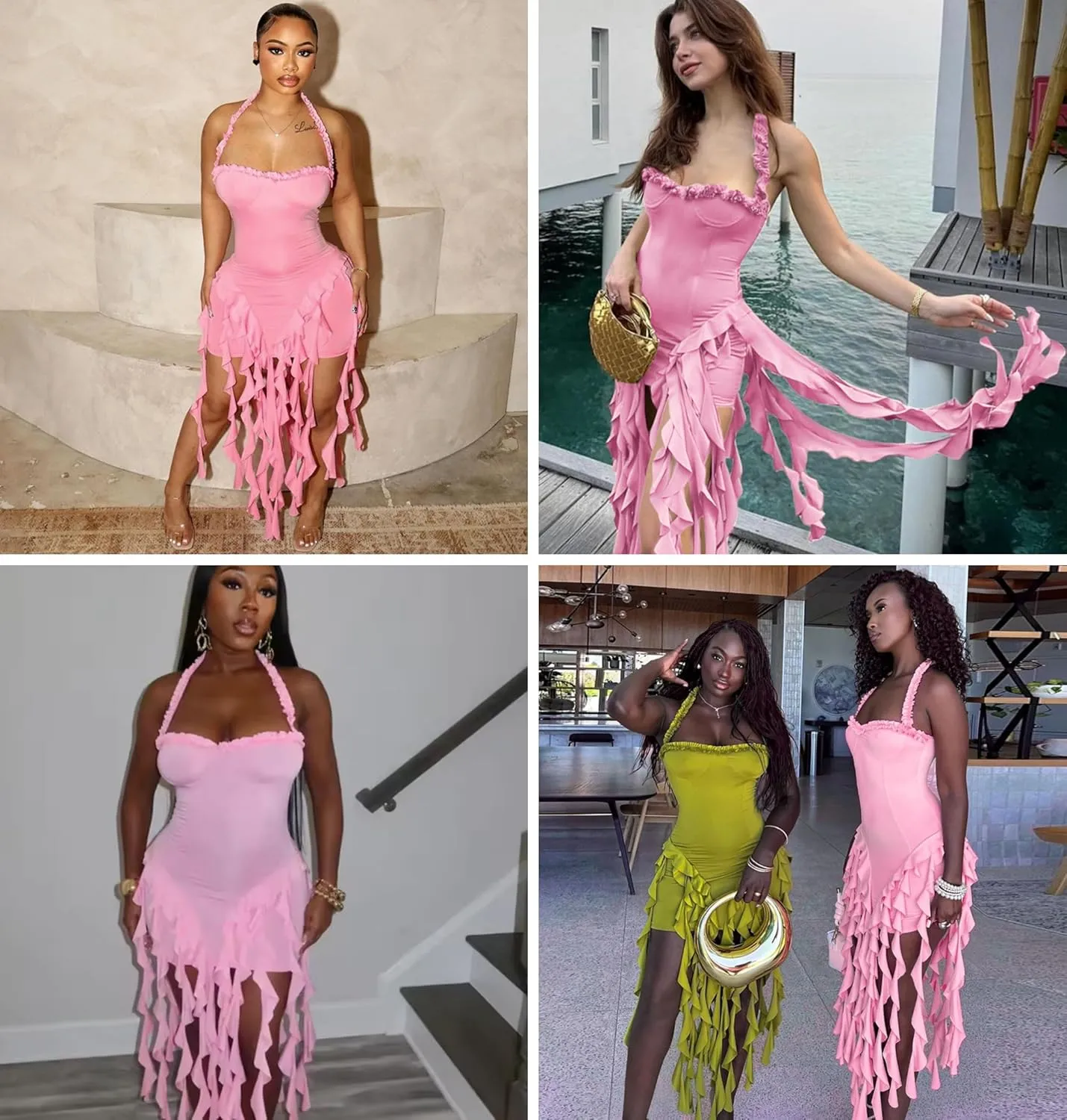 Womens Sexy Halter Fringe Ruffle Hem Mini Dress Backless Bodycon Short Dress Frills Tassel Party Club Dress