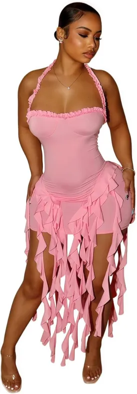 Womens Sexy Halter Fringe Ruffle Hem Mini Dress Backless Bodycon Short Dress Frills Tassel Party Club Dress