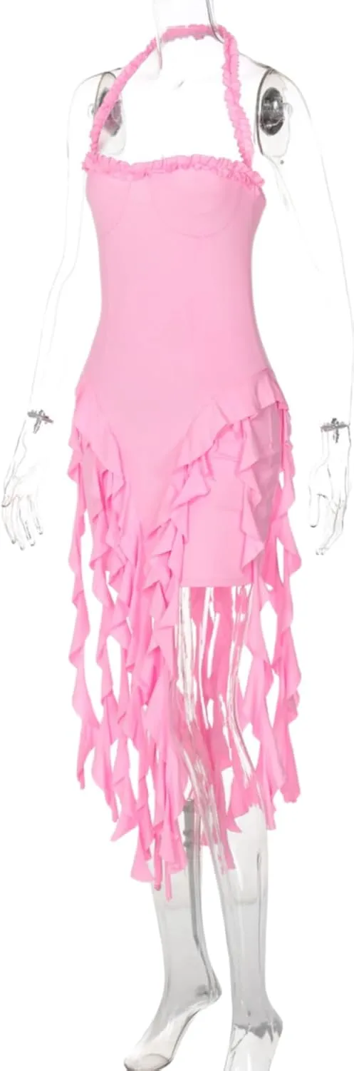 Womens Sexy Halter Fringe Ruffle Hem Mini Dress Backless Bodycon Short Dress Frills Tassel Party Club Dress