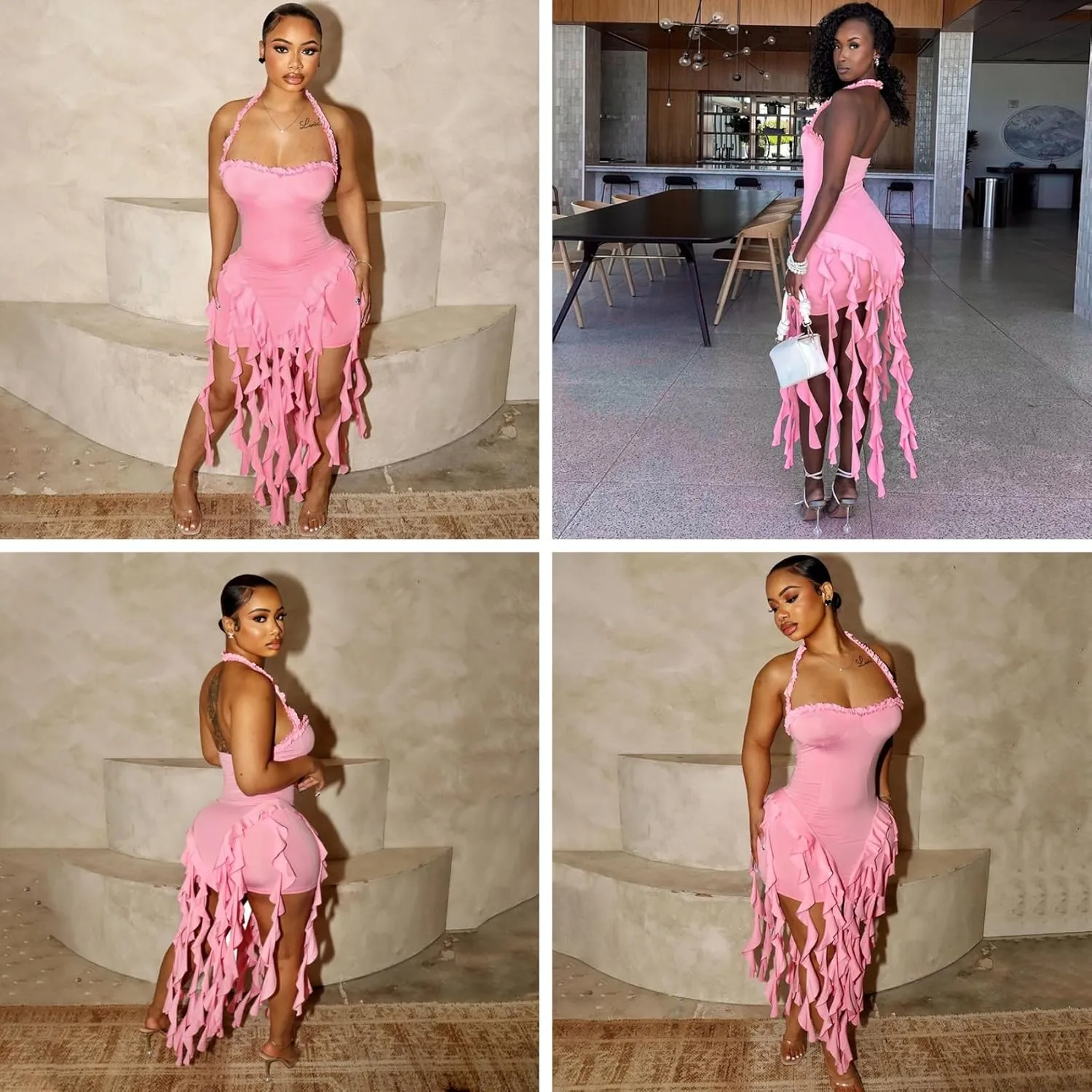 Womens Sexy Halter Fringe Ruffle Hem Mini Dress Backless Bodycon Short Dress Frills Tassel Party Club Dress