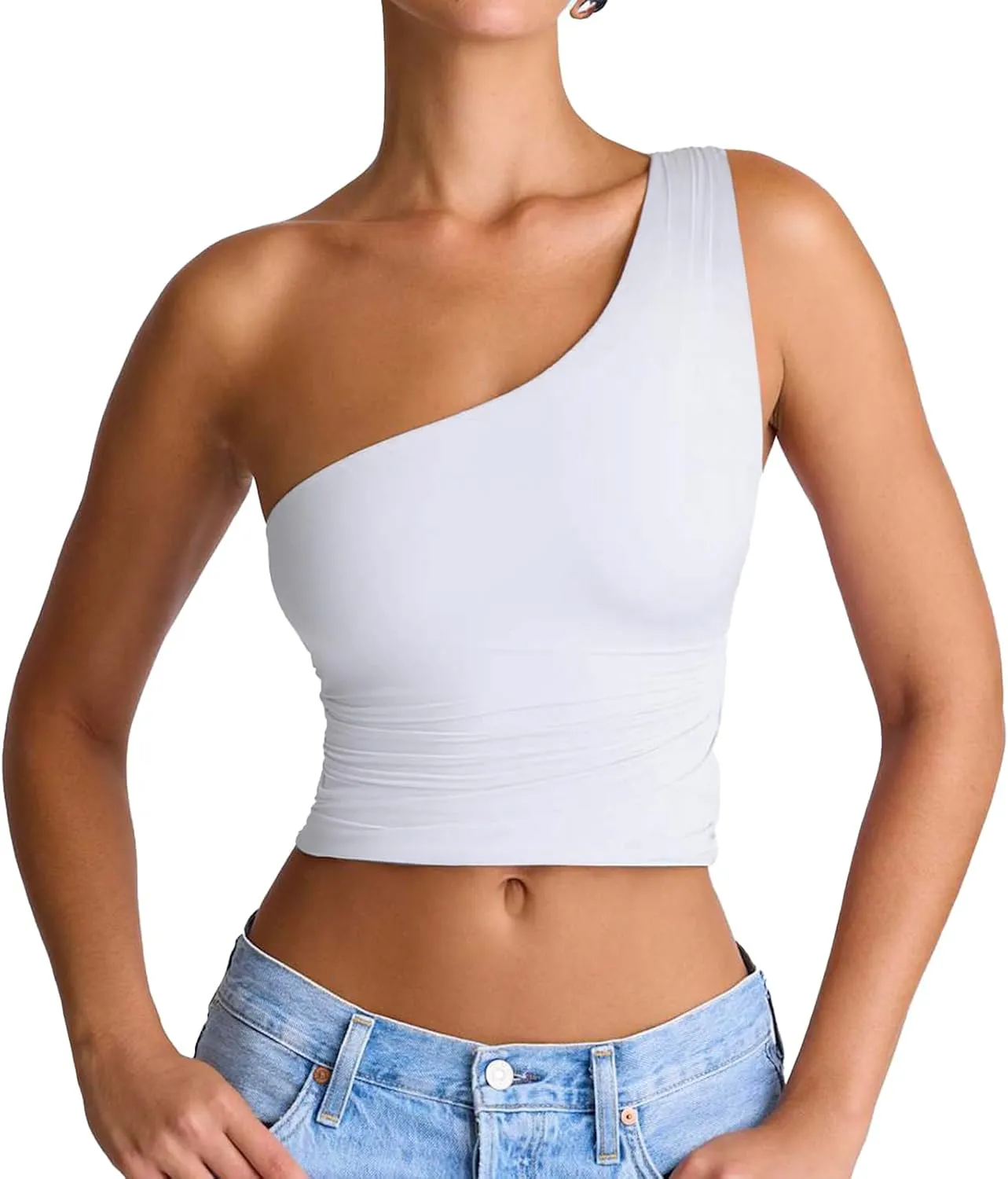 Women's Sexy One Shoulder Crop Tops Sleeveless Cropped Tank Tops Ruched Shirts