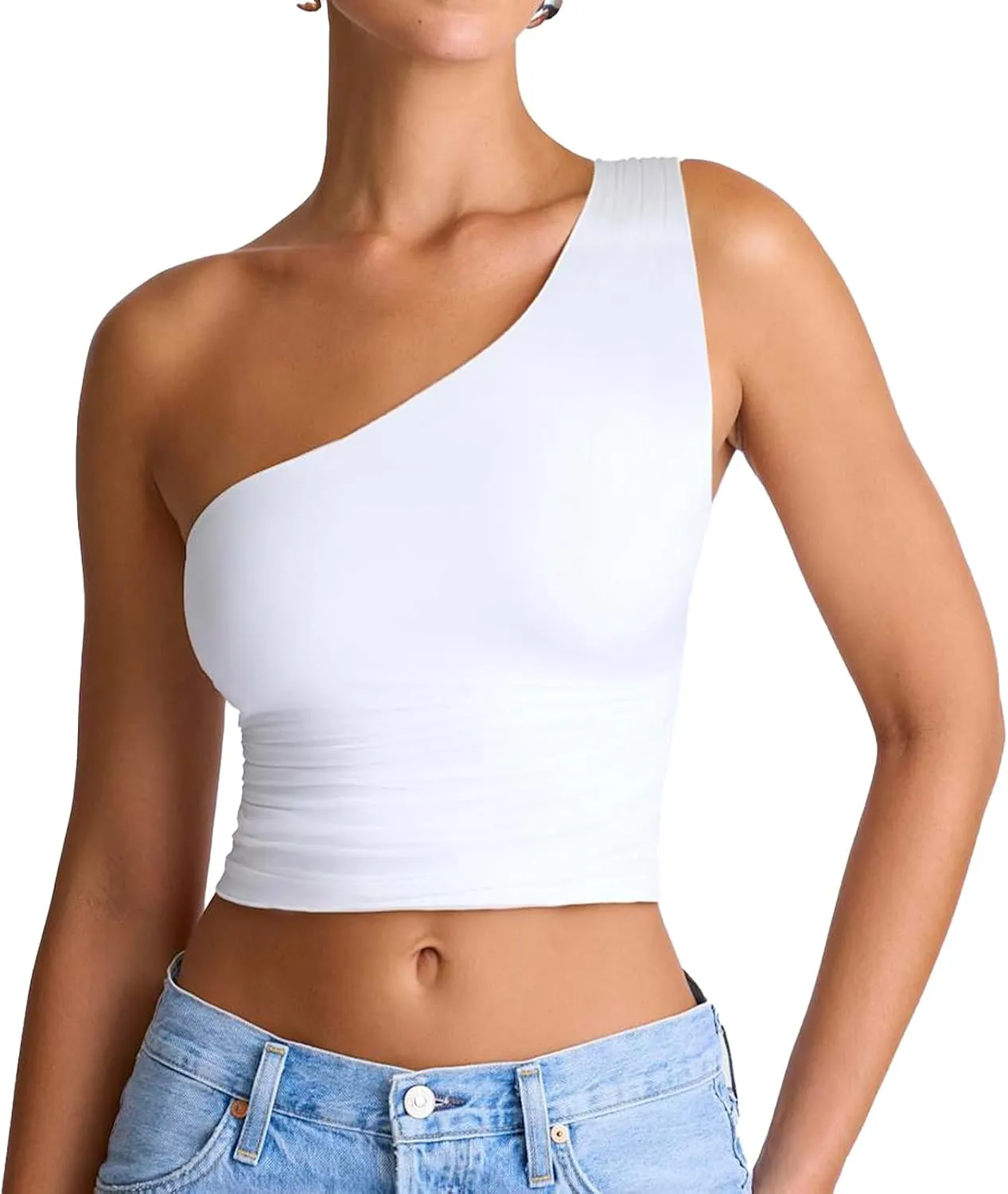 Women's Sexy One Shoulder Crop Tops Sleeveless Cropped Tank Tops Ruched Shirts