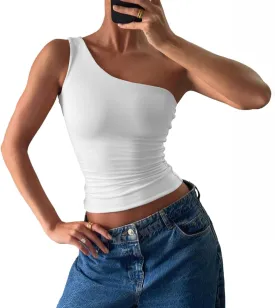 Women's Sexy One Shoulder Crop Tops Sleeveless Cropped Tank Tops Ruched Shirts
