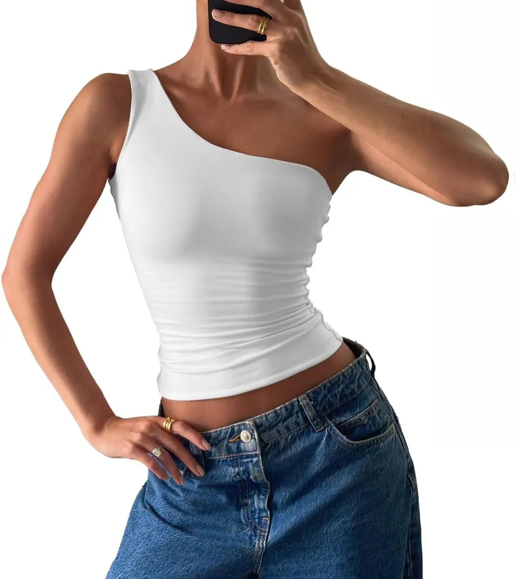 Women's Sexy One Shoulder Crop Tops Sleeveless Cropped Tank Tops Ruched Shirts
