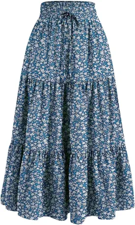 Womens Summer Casual A-Line Long Skirt Tiered High Waist Beach Outfits Elastic Waist Bohemian Print Maxi Skirt