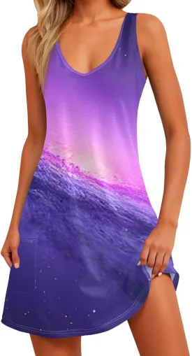 Women's Summer Dresses Vacation Printed Swimsuit Coverup Sleeveless Beach Sundress V Neck 2025 Dress with Pocket