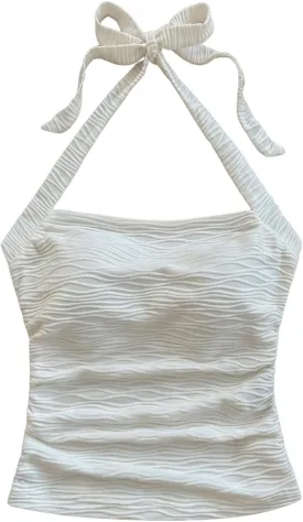 Women's Tie Back Halter Crop Tops Sleeveless Textured Ruched Boho Tank Top