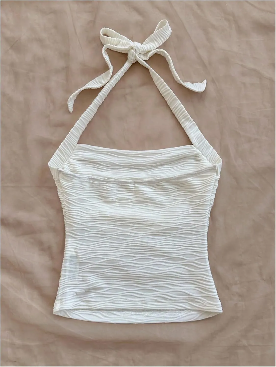 Women's Tie Back Halter Crop Tops Sleeveless Textured Ruched Boho Tank Top