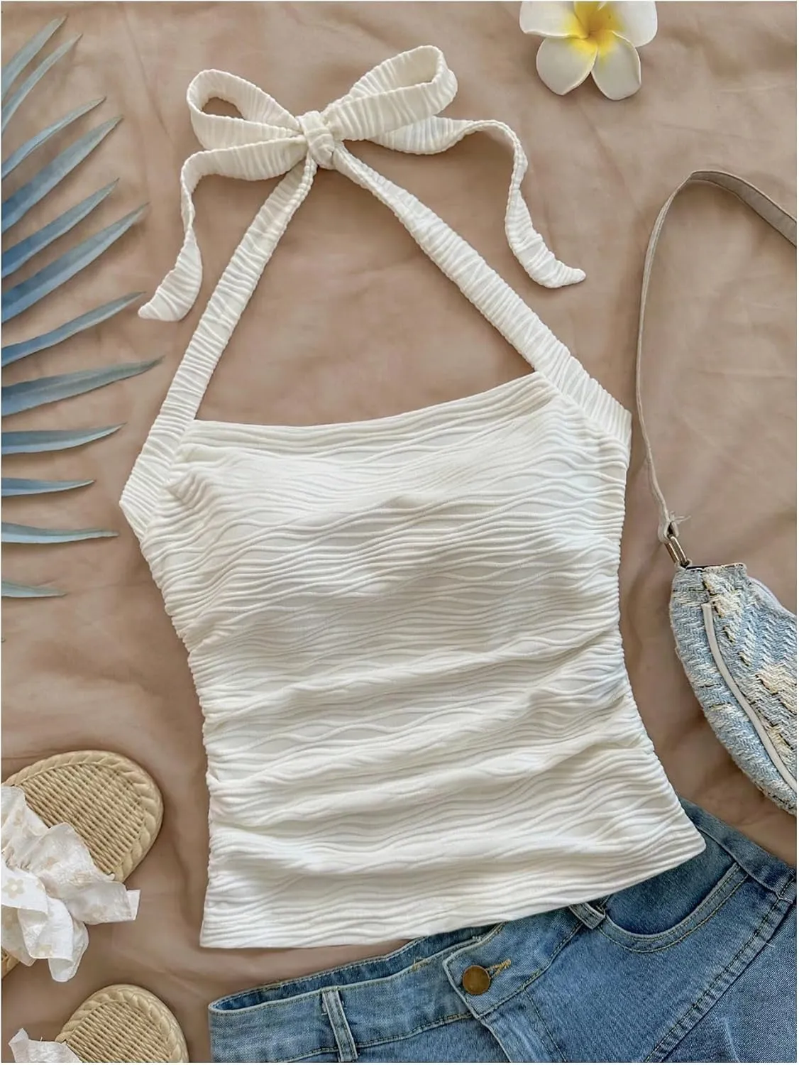 Women's Tie Back Halter Crop Tops Sleeveless Textured Ruched Boho Tank Top
