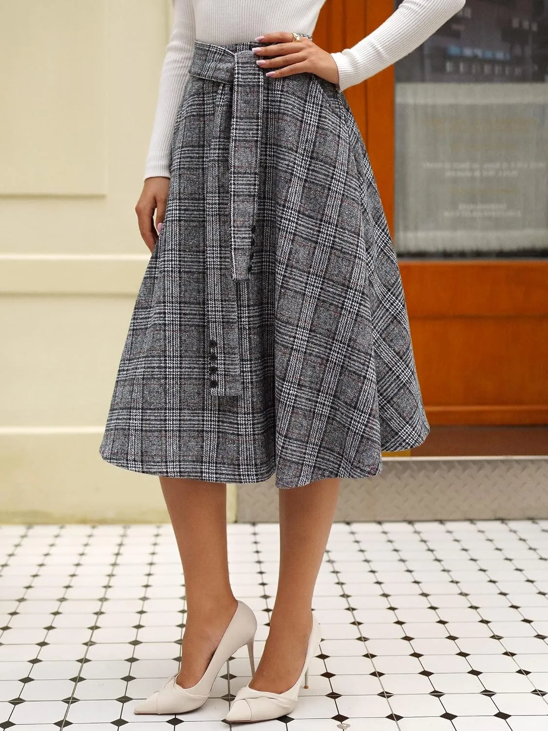 ZAFUL Women's Winter Skirt Plaid A-Line Pleated Midi Skirt High Elastic Waist Vintage Tartan Skirt with Pockets