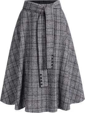 ZAFUL Women's Winter Skirt Plaid A-Line Pleated Midi Skirt High Elastic Waist Vintage Tartan Skirt with Pockets