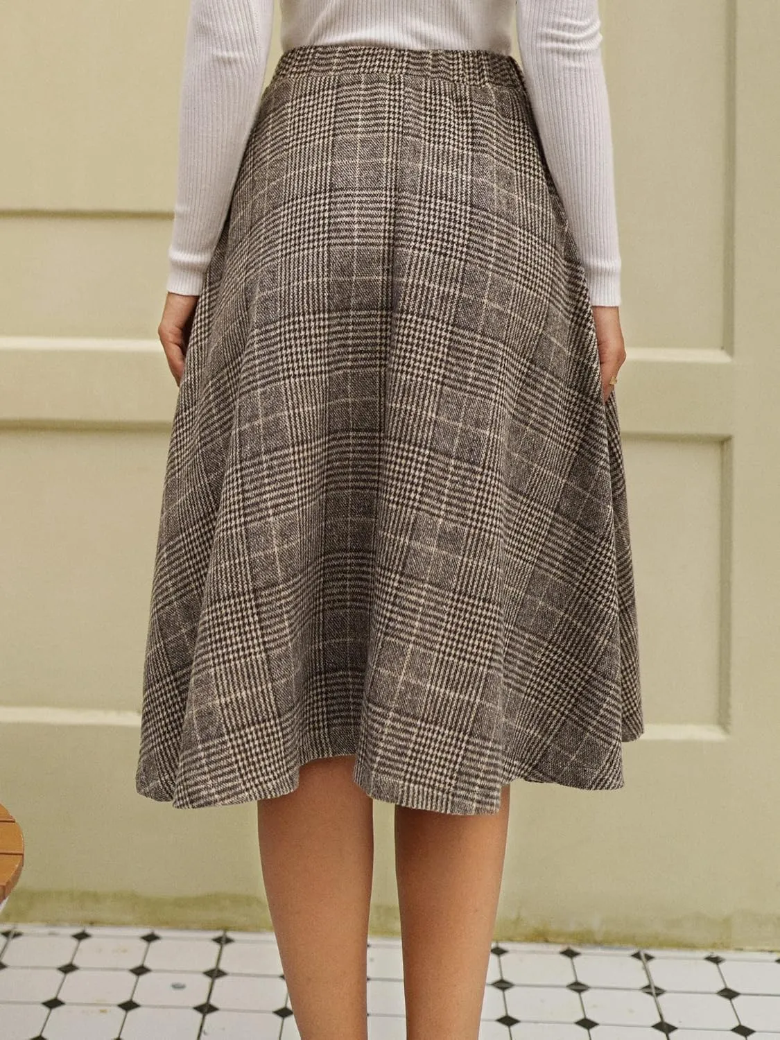 ZAFUL Women's Winter Skirt Plaid A-Line Pleated Midi Skirt High Elastic Waist Vintage Tartan Skirt with Pockets