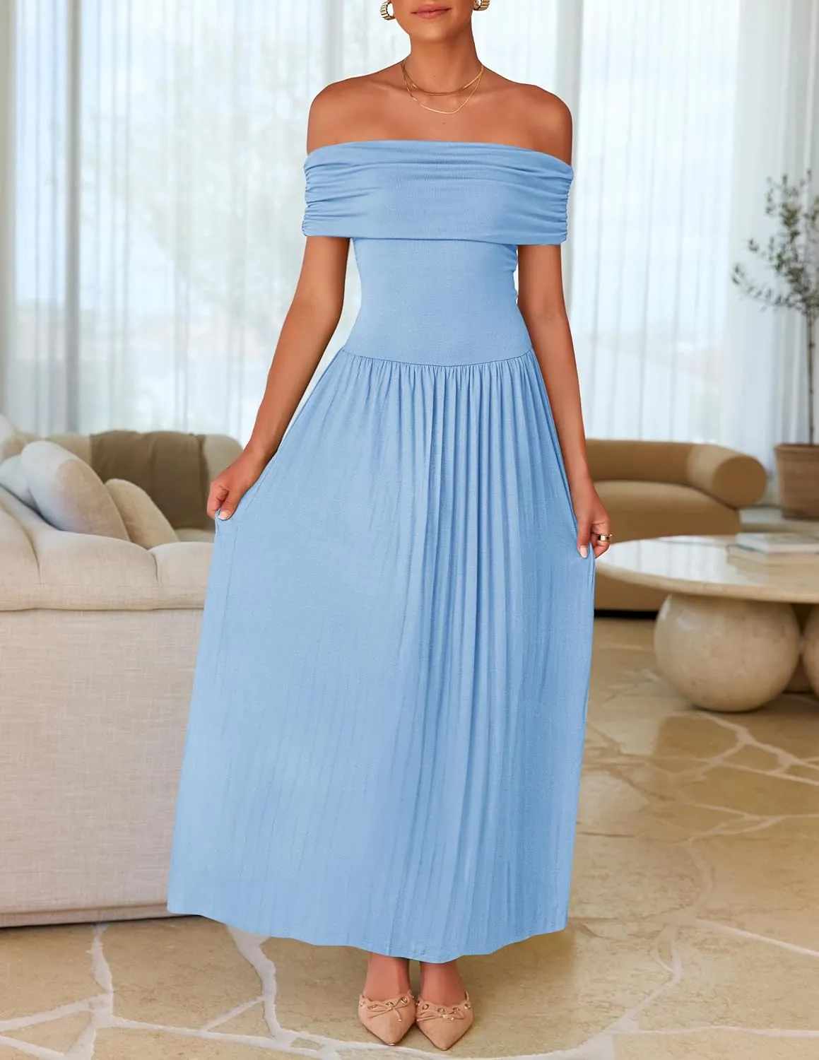 ZESICA Women's Off The Shoulder Maxi Dress 2025 Summer Sleeveless Casual Slim Swing Pleated Formal Party Dresses