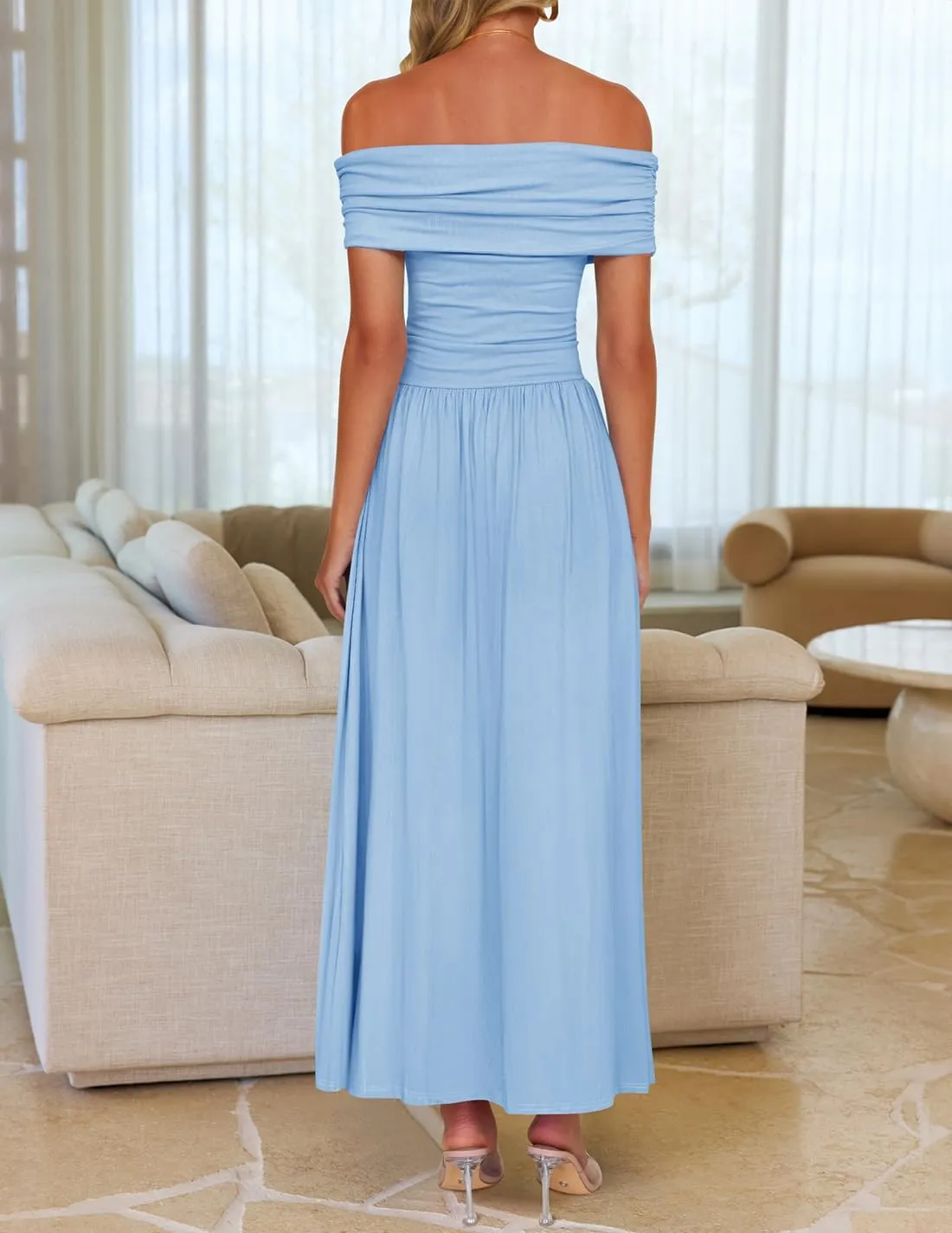 ZESICA Women's Off The Shoulder Maxi Dress 2025 Summer Sleeveless Casual Slim Swing Pleated Formal Party Dresses