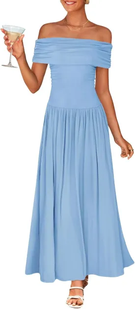 ZESICA Women's Off The Shoulder Maxi Dress 2025 Summer Sleeveless Casual Slim Swing Pleated Formal Party Dresses