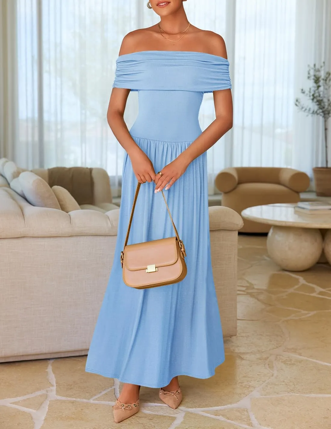 ZESICA Women's Off The Shoulder Maxi Dress 2025 Summer Sleeveless Casual Slim Swing Pleated Formal Party Dresses